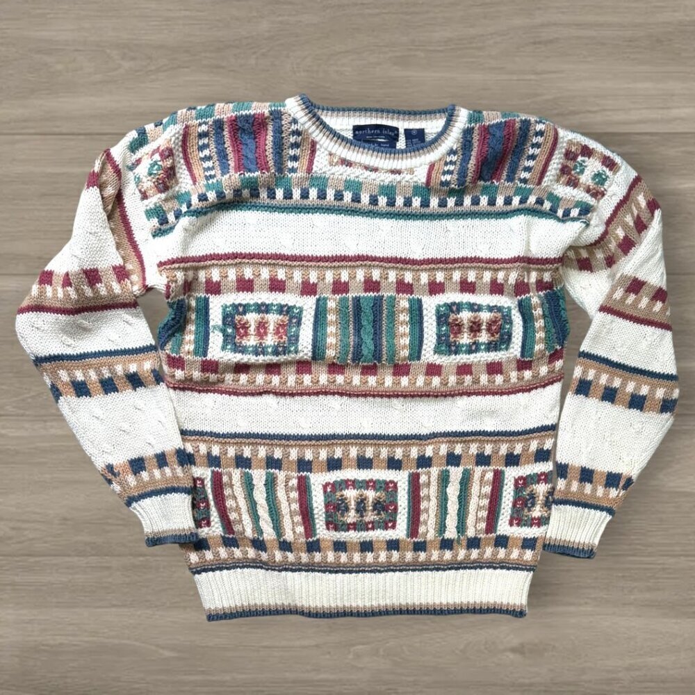 Vintage Northern Isles Hand Knit Sweater Geometric Stripe Ramie Cotton M - Picture 2 of 6